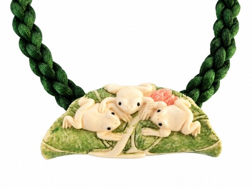 Frog necklace lily pad carved - frog,